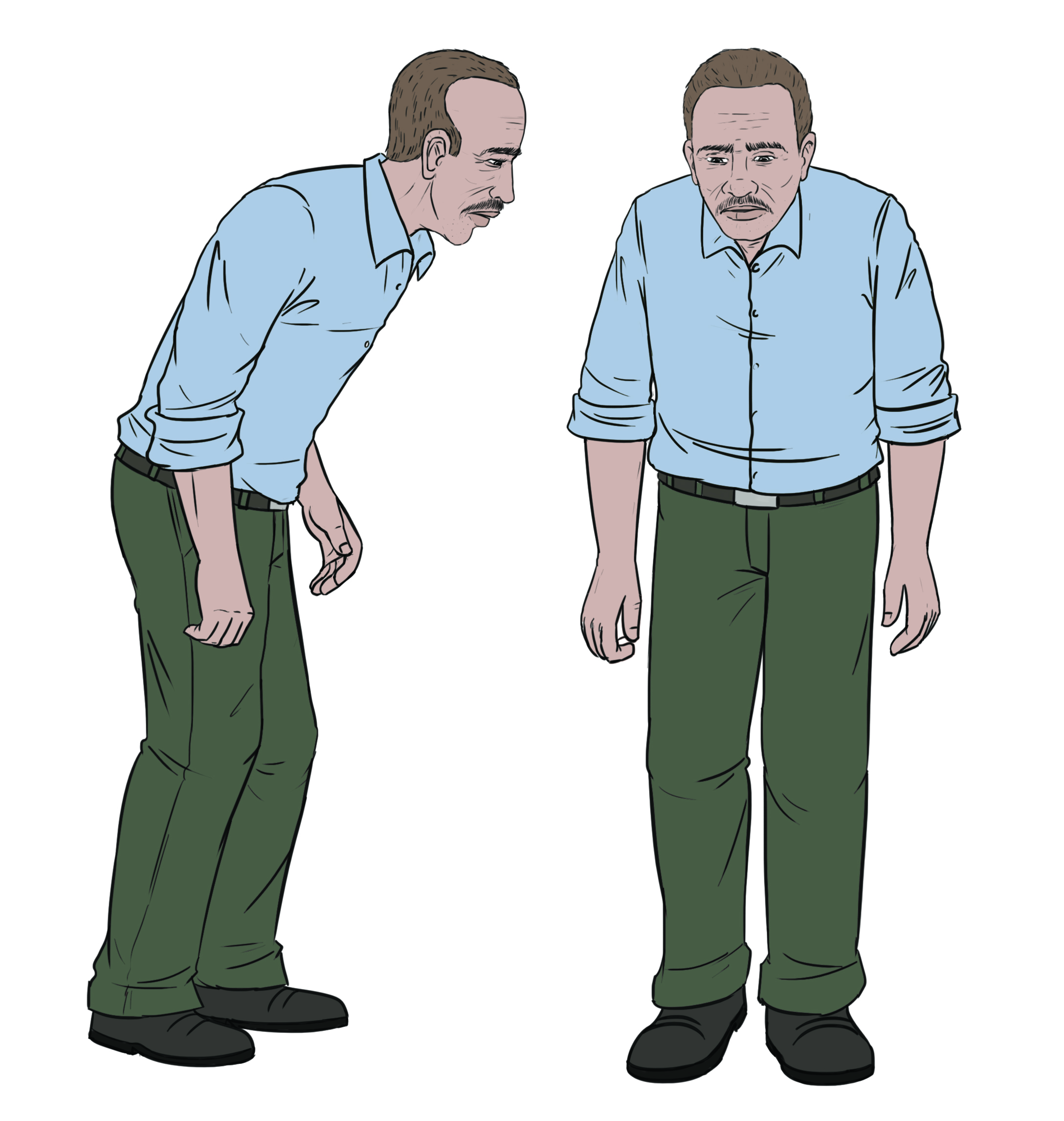 Illustration shows a hunched man with stiff arms and a shuffling walk.
