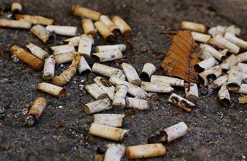 Cigarettes lying in some dirt.