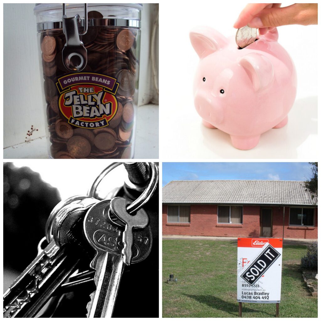 Grid of four images. Top left: Plastic jar full of coins. Top right: A person inserting a coin into a ceramic piggy bank. Bottom left: a ring of keys. Bottom right: A home with a sold sign on the front lawn.