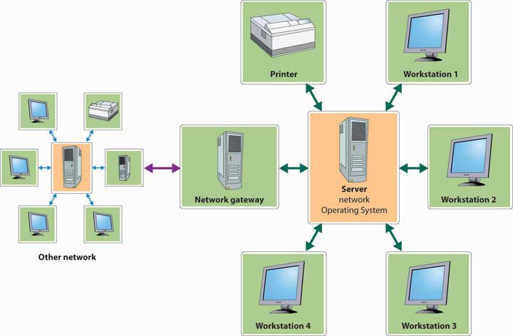 Local Area Network (LAN). From Server (network Operating system) to Printer, Workstation 1, 2, 3, and 4, and Network gateway.