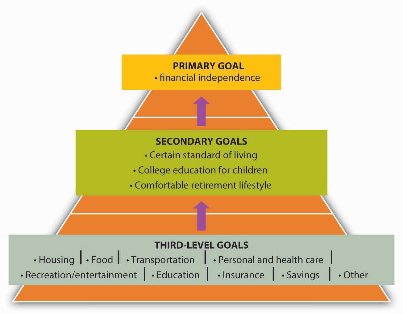 Three-Level Goals/Plans (Primary Goals, Secondary Goals, Third-Level Goals). Primary: financial independence. Secondary: certain standard of living, college education for children, comfortable retirement lifestyle. Third-level: housing, food, transportation, personal and healthcare, recreation/entertainment, education, insurance, savings, other.