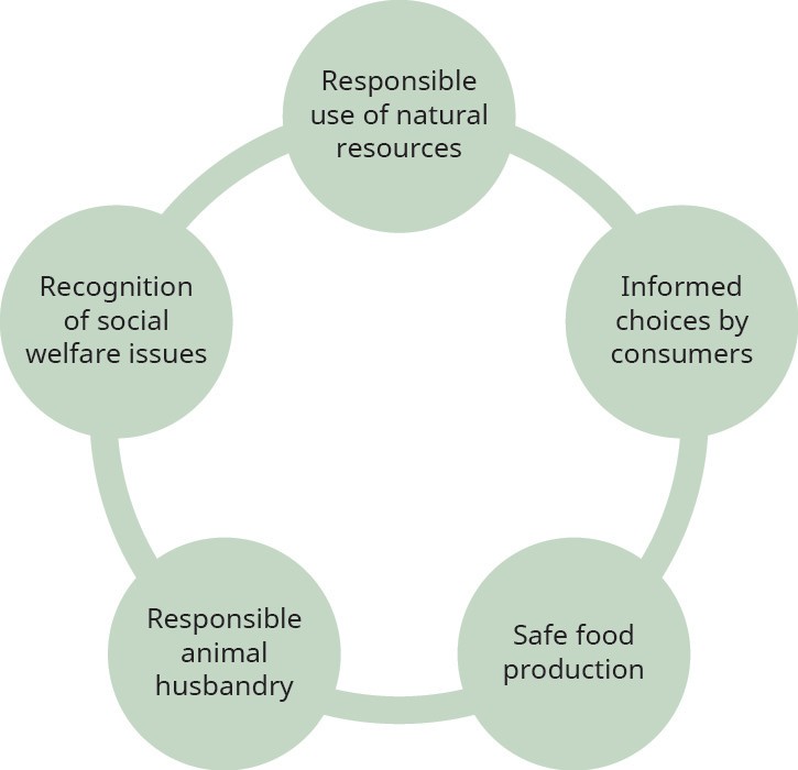 Diagram showing the cycle of ethical considerations related to agribusiness. The considerations include “Responsible use of natural resources”, “Informed choices by consumers”, “safe food production”, “Responsible animal husbandry”, and “Recognition of social welfare issues”.