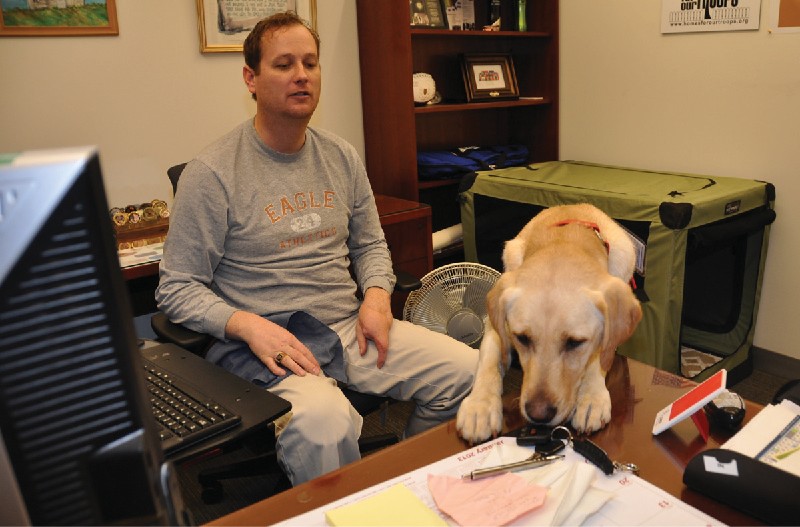 A man sitting at his desk with a service dog.