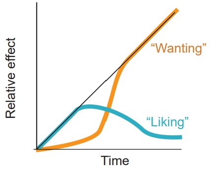 Graph showing how, after a certain point, the "liking" of the drug lowers while the "want" of a drug increases
