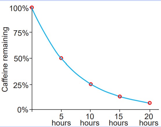 Graph of the decay of caffeine, losing 50% every 5 hours