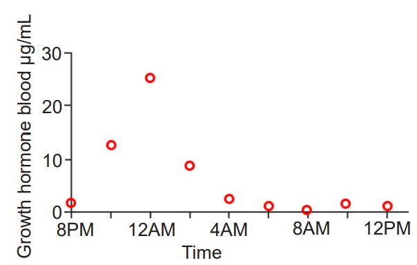 Graph showing concentration of growth hormones during sleep, with the peak concentration shortly after sleep begins