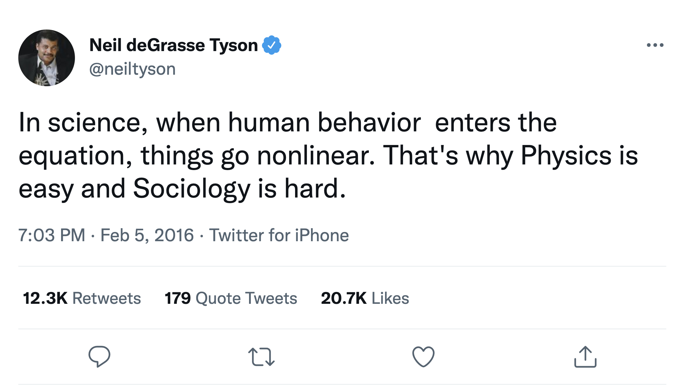 Neil deGrasse Tyson tweet on why "Sociology is hard"