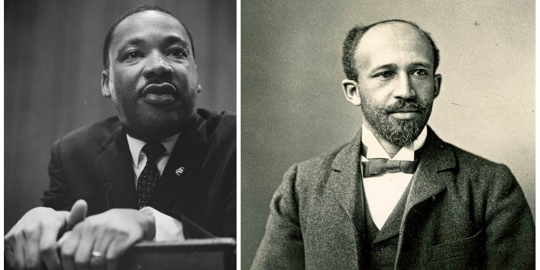 On left, portrait of the Rev. Martin Luther King Jr. with his hands on a lectern; on right, portrait of W. E. B. Du Bois