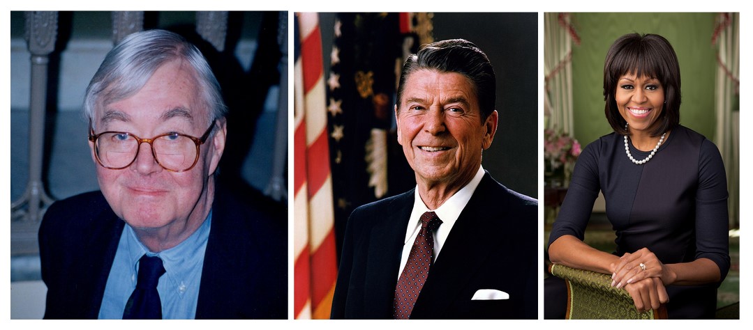 Portraits of Daniel Patrick Moynihan, Ronald Reagan, and Michelle Obama
