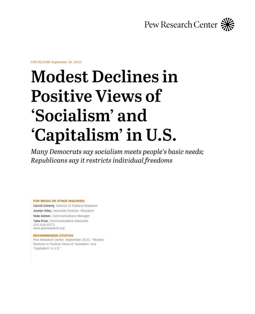 Cover of the Pew Research Center report “Modest Declines in Positive Views of ‘Socialism’ and ‘Capitalism’ in U.S.”