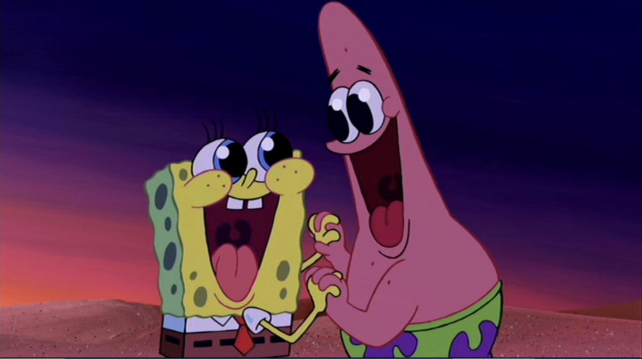 SpongeBob SquarePants and Patrick Star hold hands while smiling.